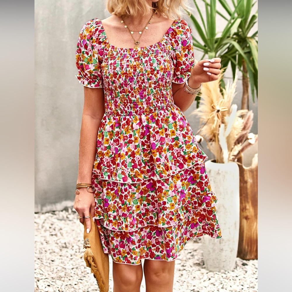 Kirundo Pink Floral Smocked Floral Dress with Ruffles